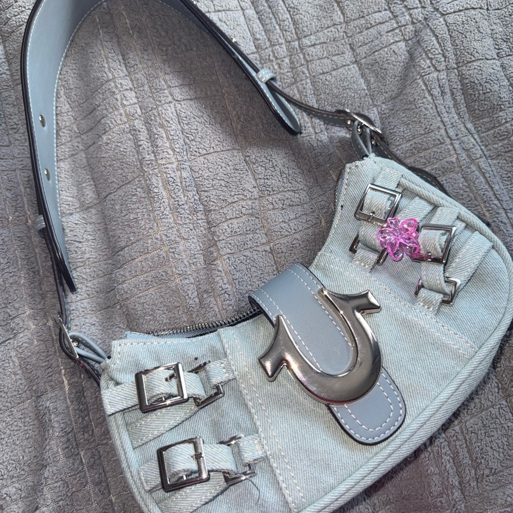 True Religion Light Blue Denim Shoulder Bag with Silver Hardware